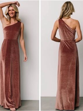 BALTIC BORN Tatiana One-Shoulder Velvet Maxi Dress in Dusty Rose